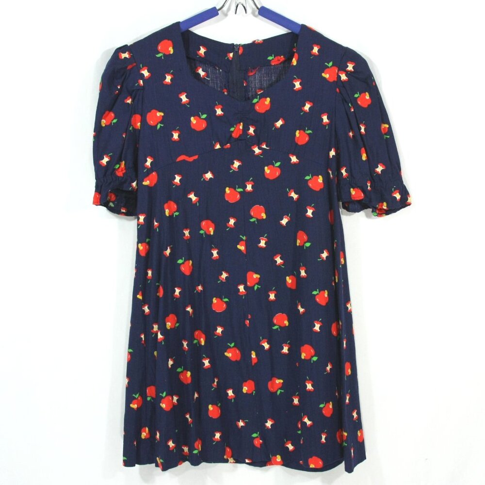 Vintage Handmade Country Apples Short Sleeve Girls Baby Doll Dress Blue 1970s